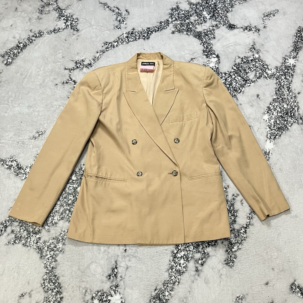 Philippe Adec Paris Tan Double Breasted Blazer Women's 10 Career 90s Silk Blend